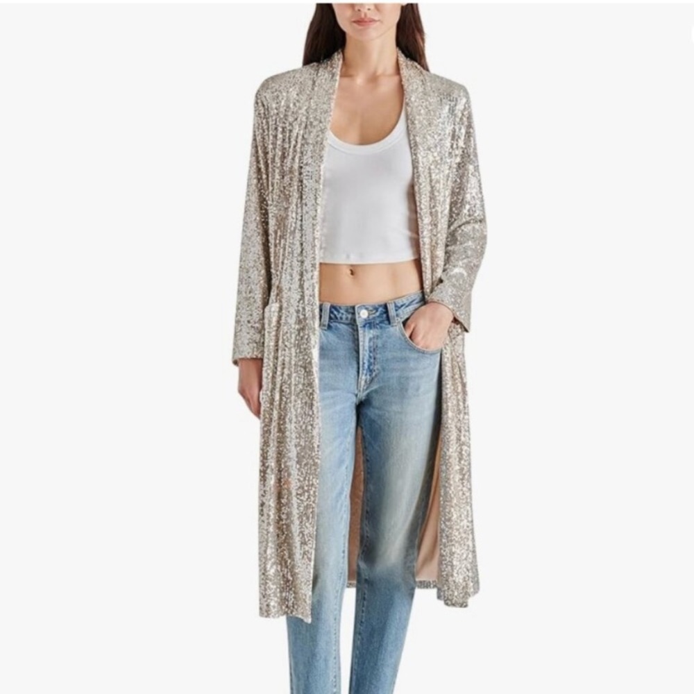 Steve Madden Silver Sequin Long Coat